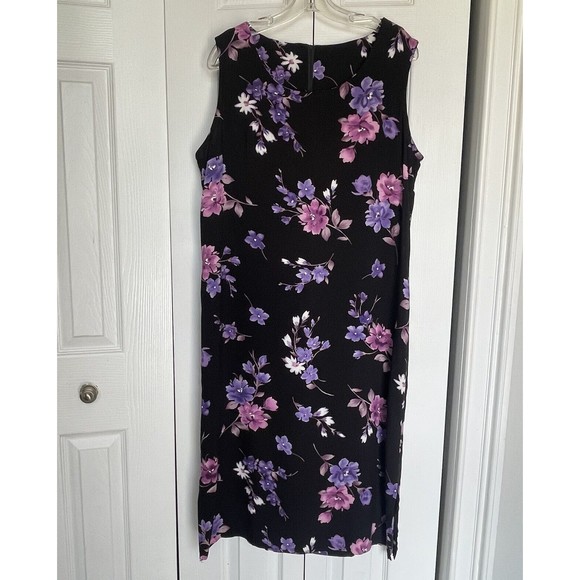 Women Black Floral Scoop Neck Sleeveless Midi Dress Size 12 Vintage - Picture 2 of 10